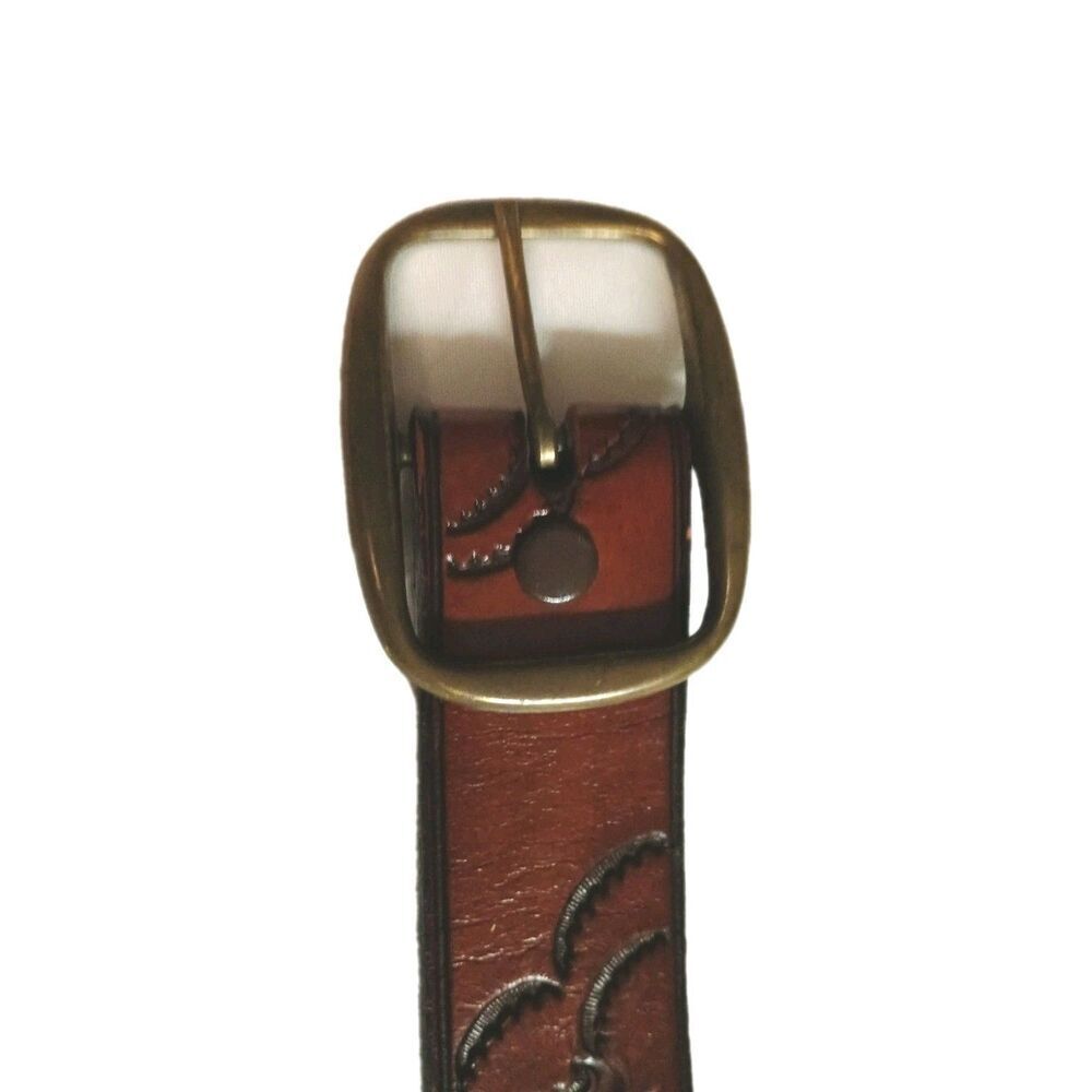 Vintage 90s Made in USA Floral Tooled Leather Belt 18-3222 Solid Brass Buckle - Picture 2 of 15